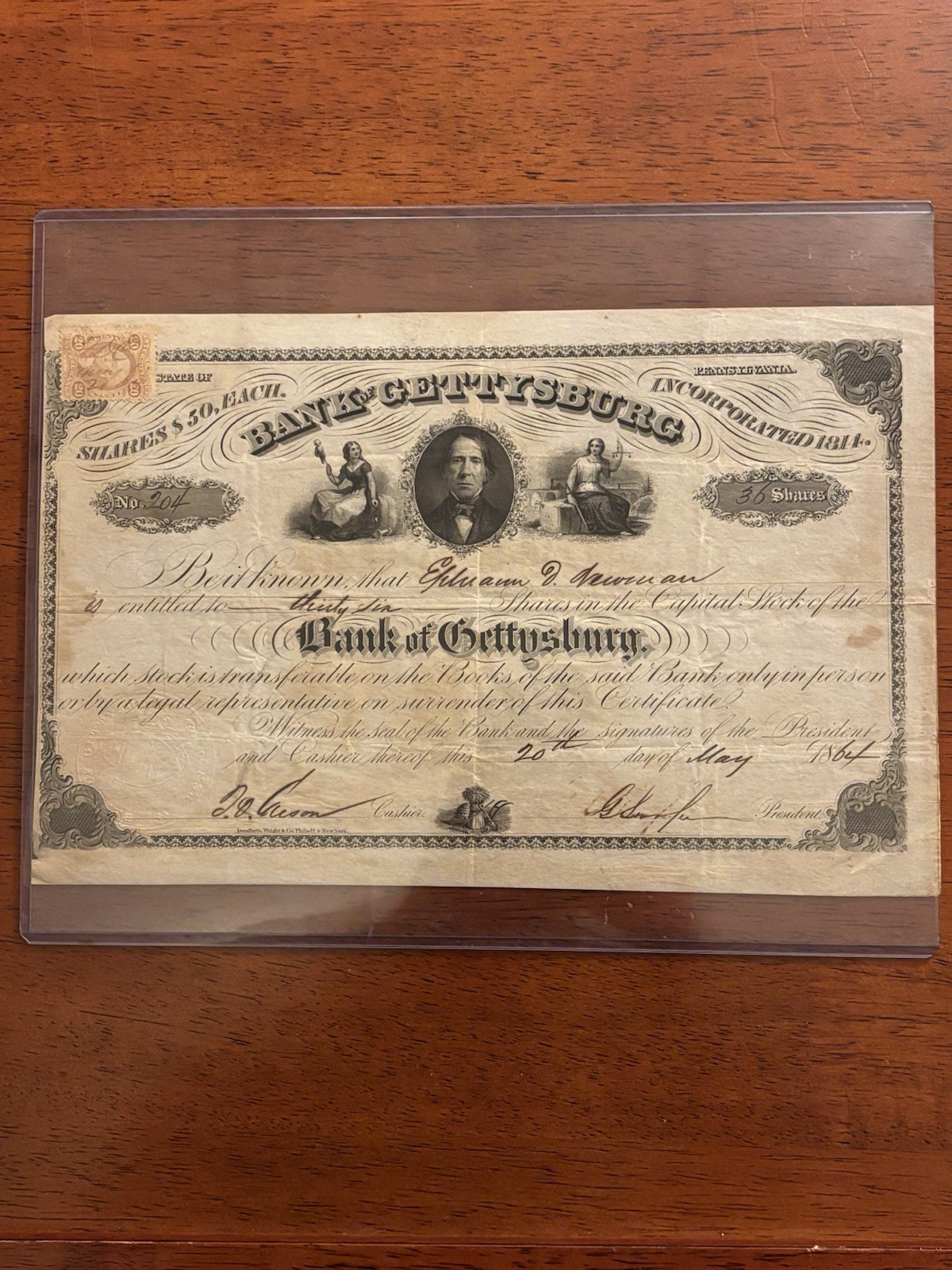 Civil War Period Bank Of Gettysburg Stock Certificate Dated 1864
