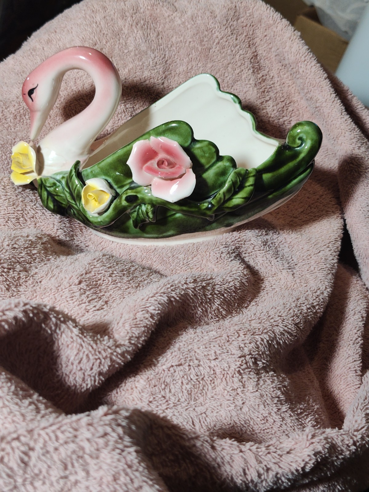 VTG ROYAL SEALY MAJOLICA FIGURAL SWAN PLANTER APPLIED ROSES HAND PAINTED VESSEL VTG ROYAL SEALY MAJOLICA FIGURAL SWAN PLANTER APPLIED ROSES HAND PAINTED VESSEL