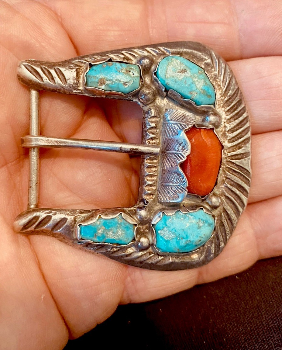 Pawn Native Signed Ingot Sterling 58 Gram Turquoise Red Coral Belt Buckle Fit 1” Pawn Native Signed Ingot Sterling 58 Gram Turquoise Red Coral Belt Buckle Fit 1”