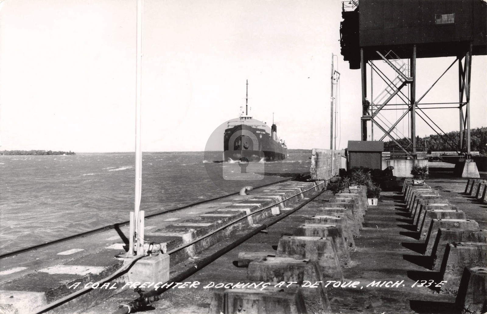 A Coal Freighter Docking At Detour MI Michigan 1958 RPPC Photo Postcard COPY