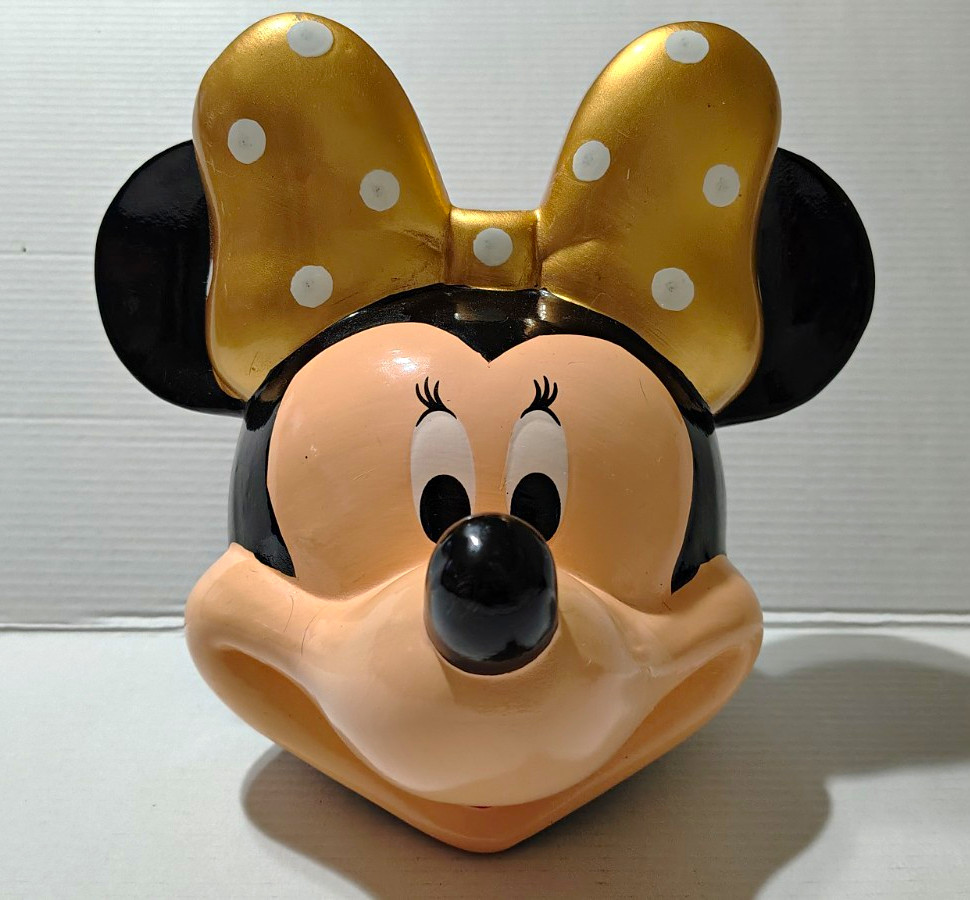 Vintage Disney Minnie Mouse Head Coin Bank Gold Bow w/ White Polka Dots