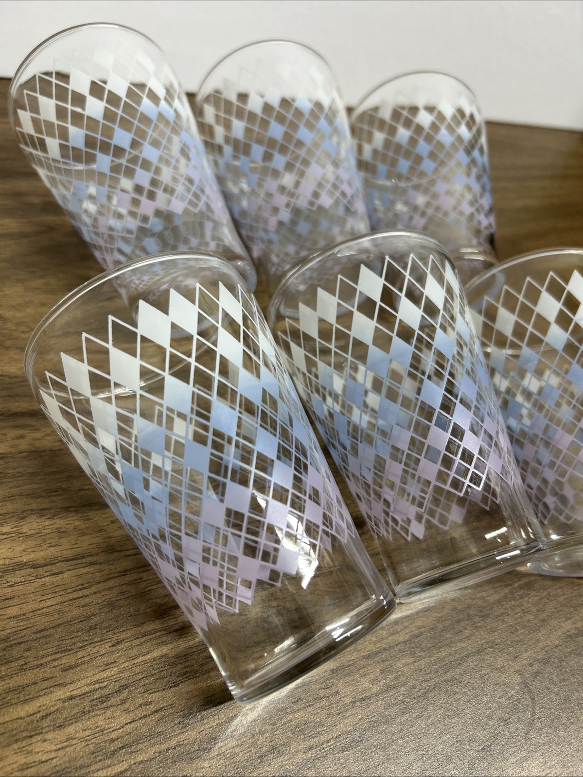 Set Of 6 Atomic White Blue Purple MCM Style Diamond 4 3/8” Flared Juice Glasses