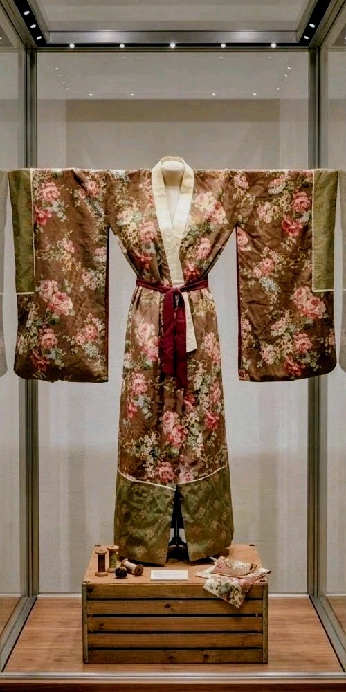 Handcrafted Art Kimono Robe Upcycled Vintage Japanese Textiles Floral Rose Brown