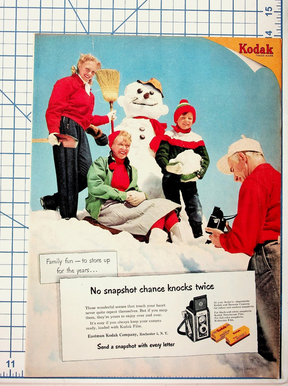Vintage 1950s Kodak Film Camera Magazine Ad Snowman Family Fun Rochester NY
