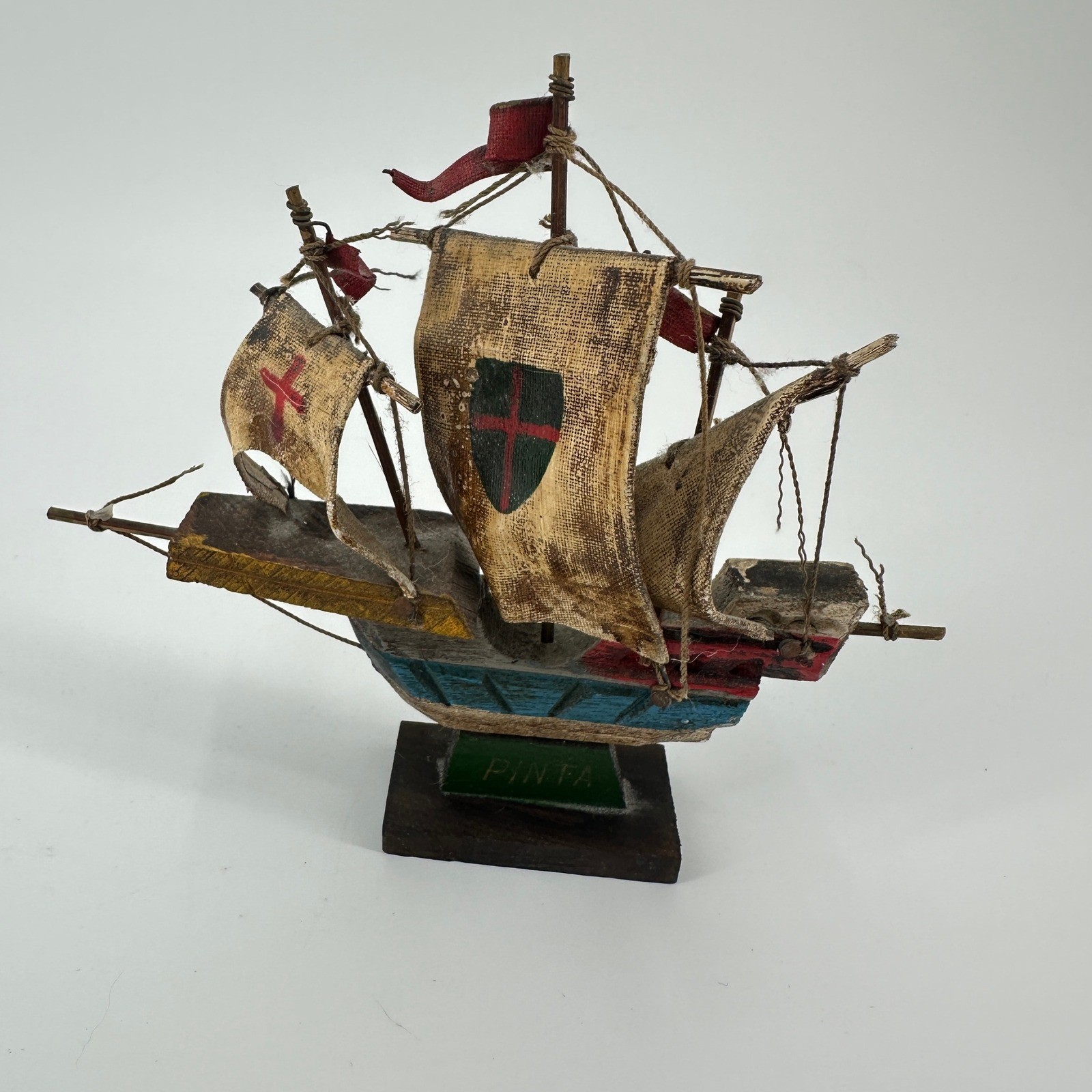 Vintage Miniature Wooden Ship Model Pinta Hand Painted Made in Japan Nautical