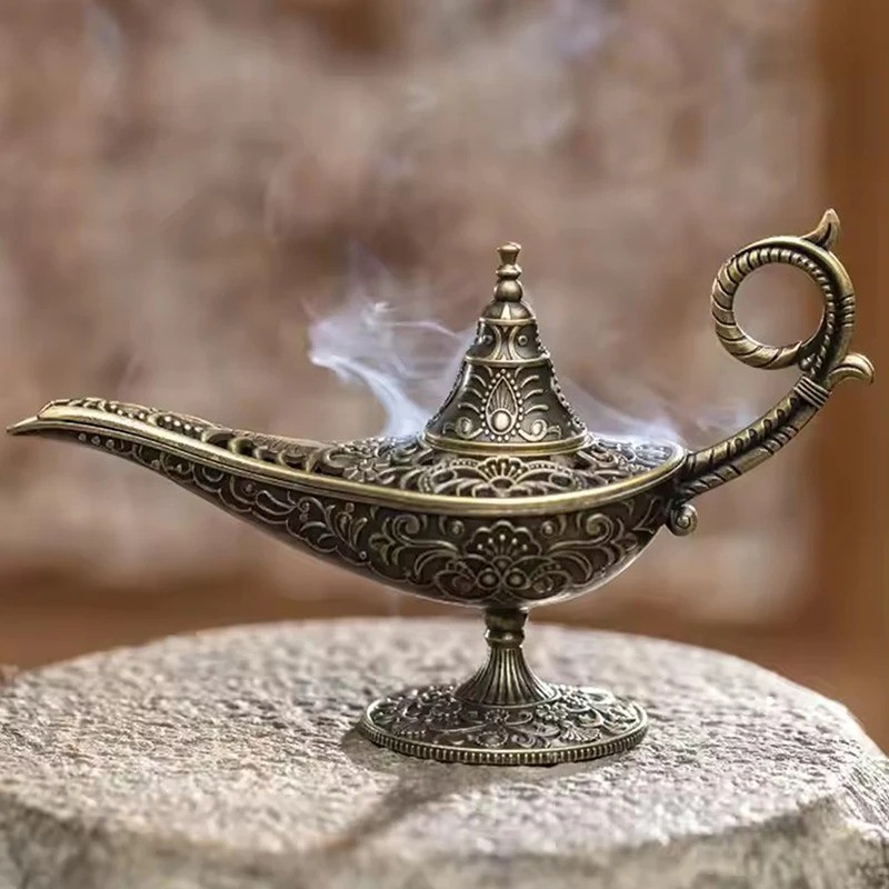 Antique Genie Lamp Decor Accents Aladdin Incense Burner Mini Brass Candle Holder
