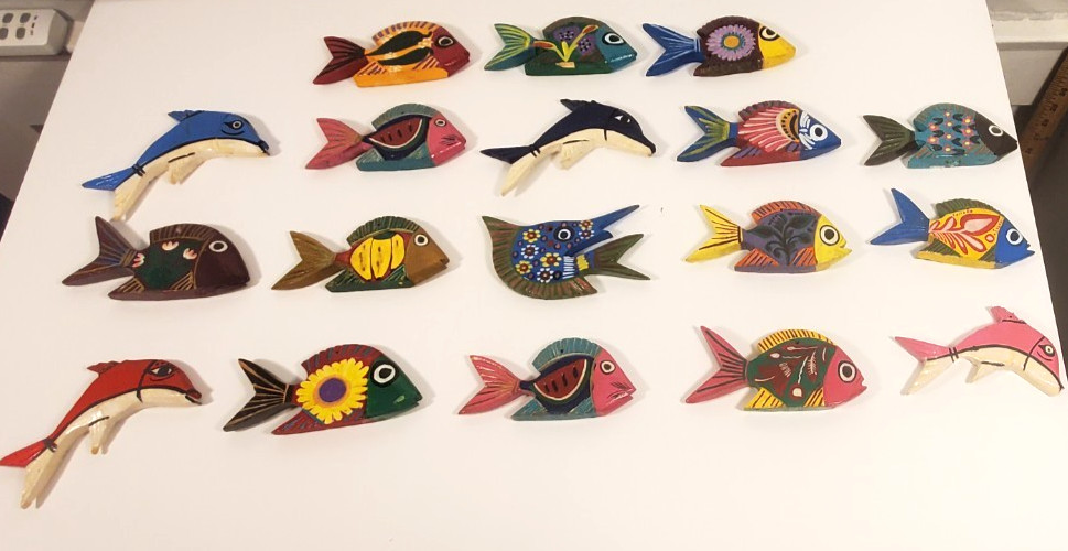 18 Vintage Hand Painted Whimsical Wooden Tropical Fish Figurine Ornaments 18 Vintage Hand Painted Whimsical Wooden Tropical Fish Figurine Ornaments