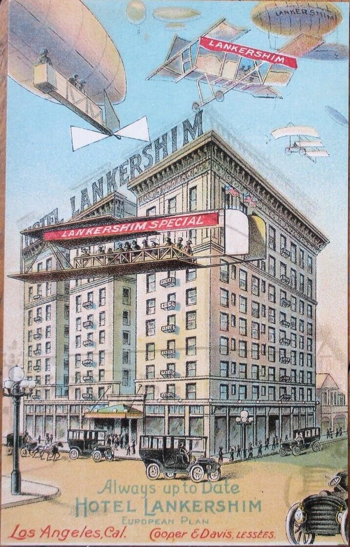 Fantasy Aviation 1910 Advertising Postcard, Hotel Lankershim, Los Angeles, CA