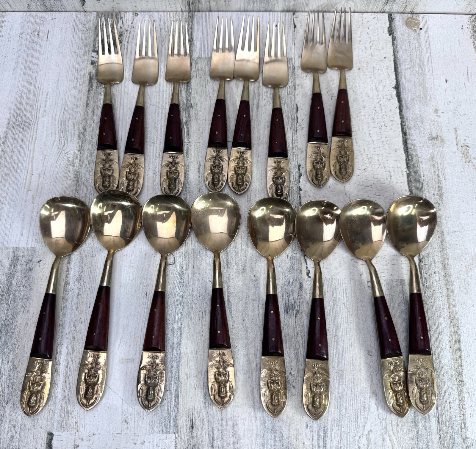 Vtg Siam Thailand Brass & Wood Flatware 16 Pc Thai Dancer Gold Tone Buddha Zen
