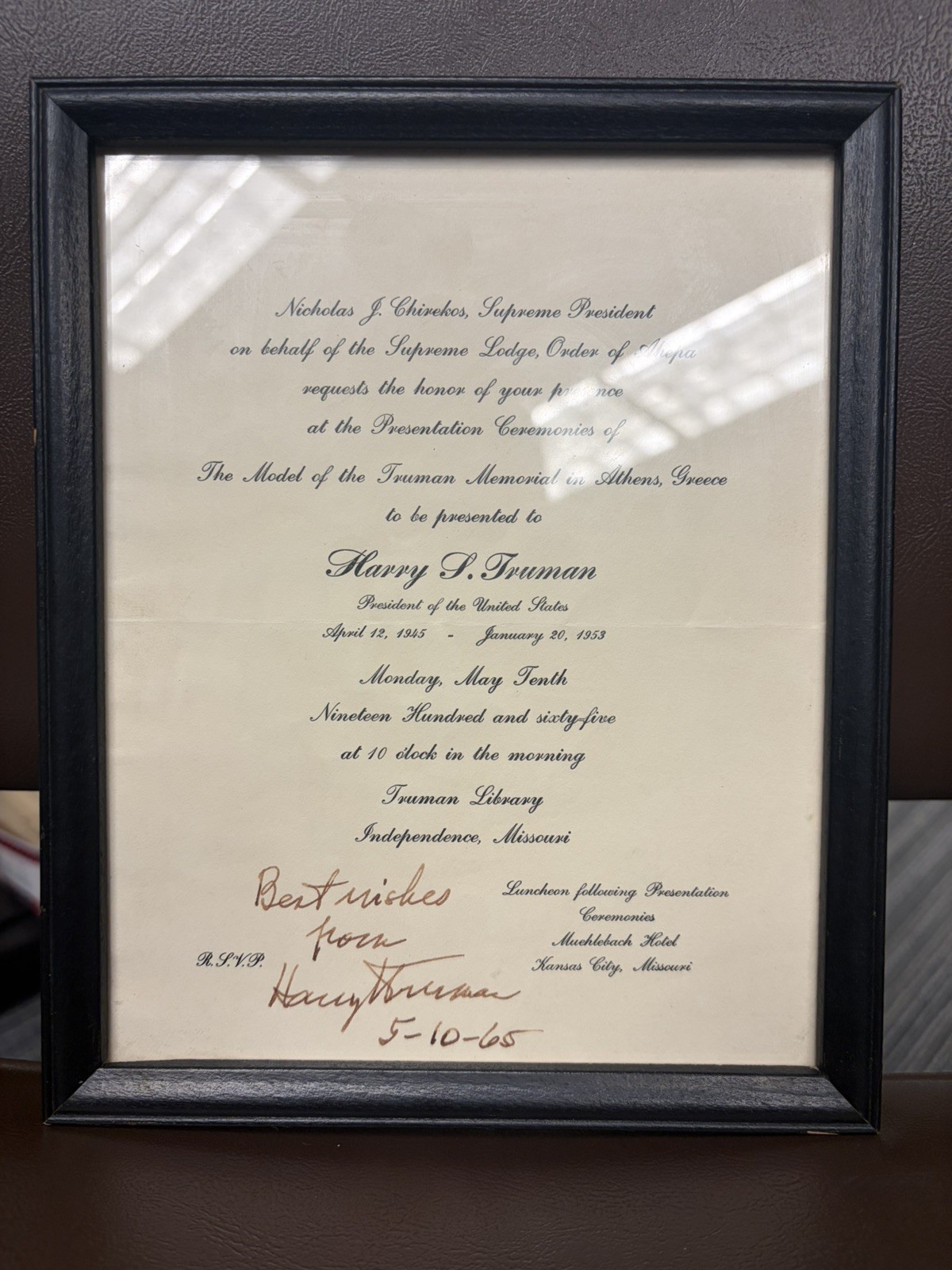 HARRY S. TRUMAN SIGNED - Framed Award Program Signed by HST 1965