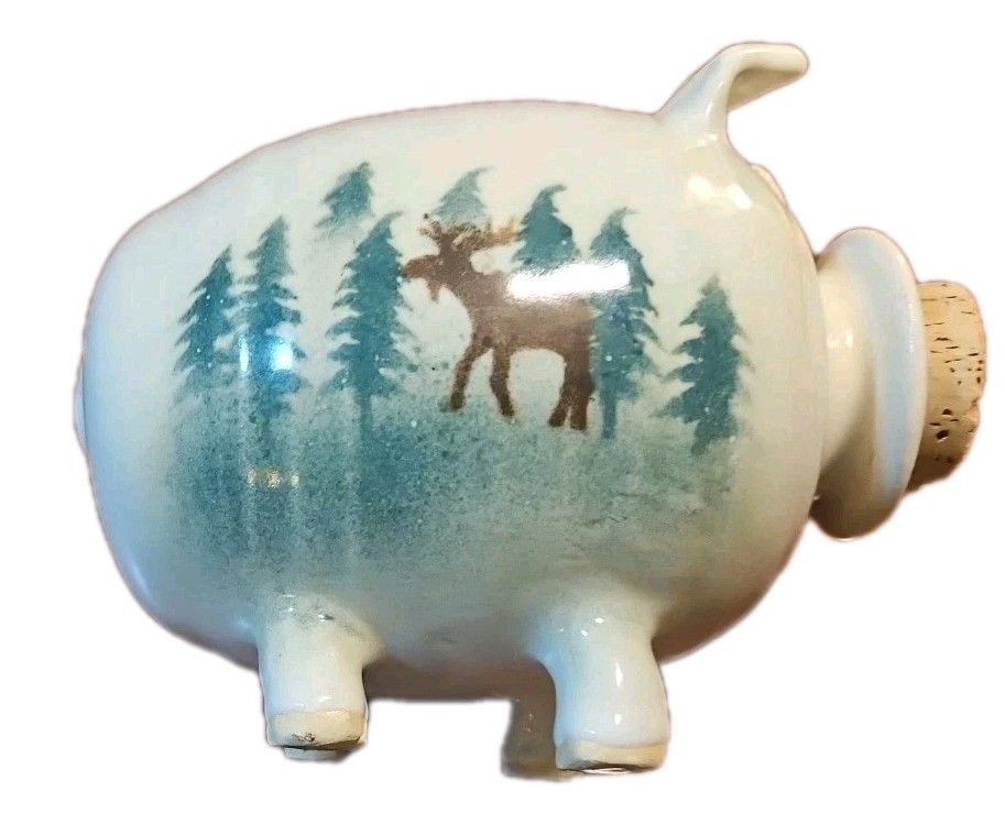 Lindsoe Clayworks Piggy Bank White w/ Moose  & Trees  Large Cork Nose 5.75\