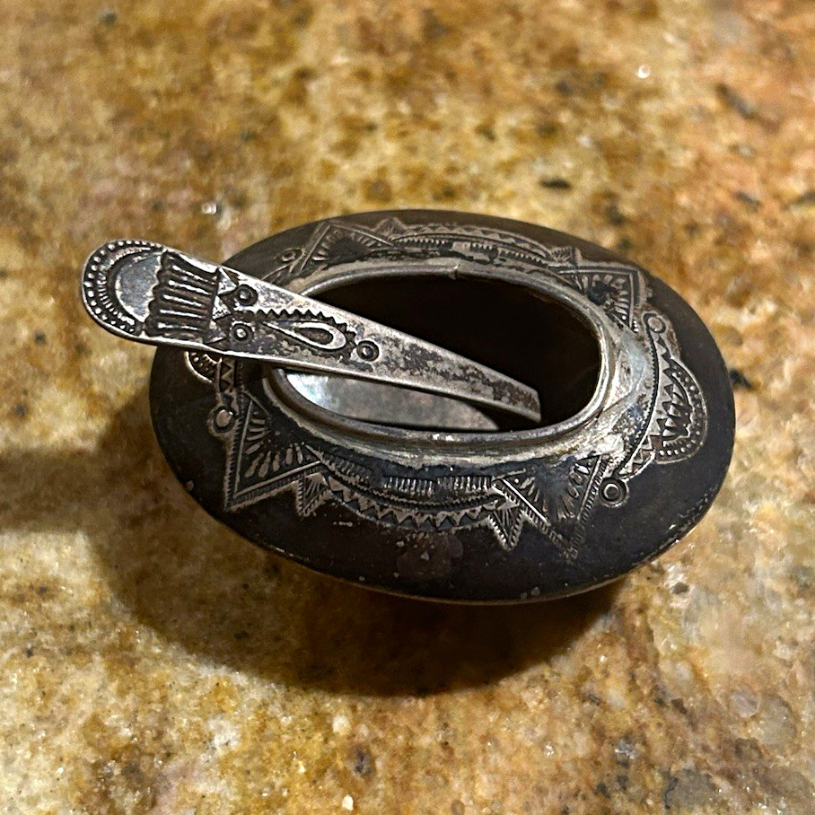 Antique Navajo Silver Salt Cellar Matching Spoon Pre 1940 Whirling Log Stamped