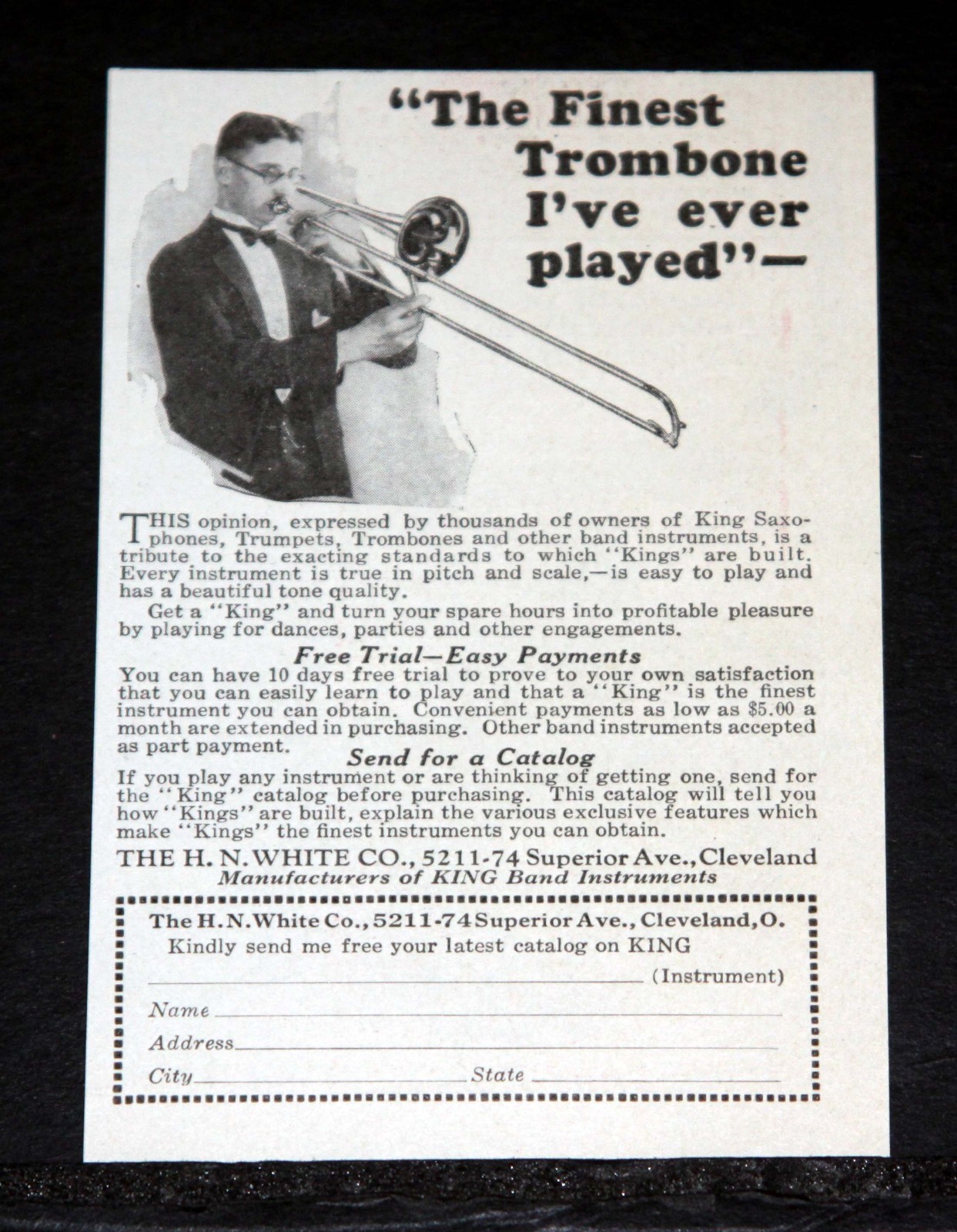 1926 OLD MAGAZINE PRINT AD, H.N. WHITE CO, THE FINEST TROMBONE I\'VE EVER PLAYED
