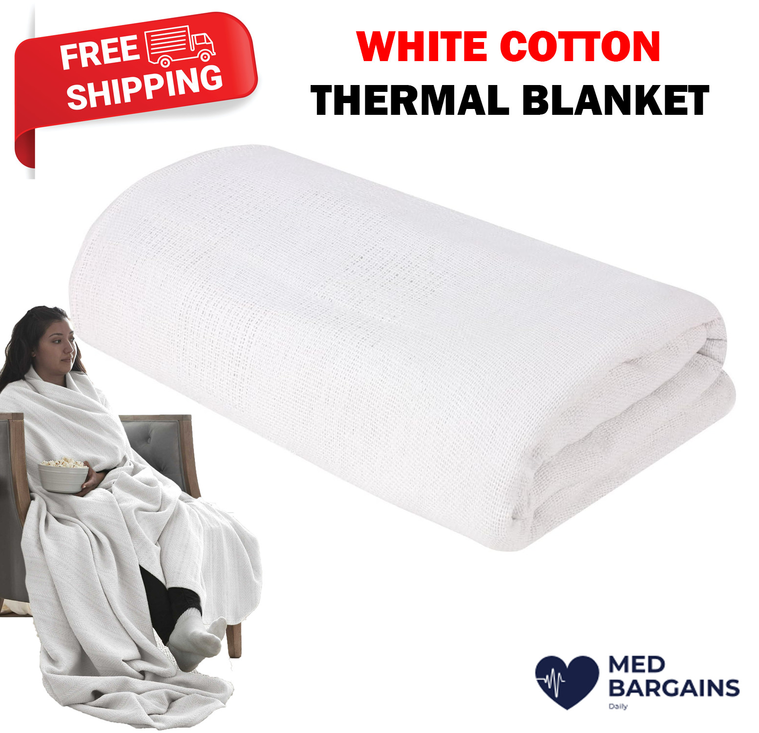 EverOne White Cotton Thermal Blanket - 66” x 90”