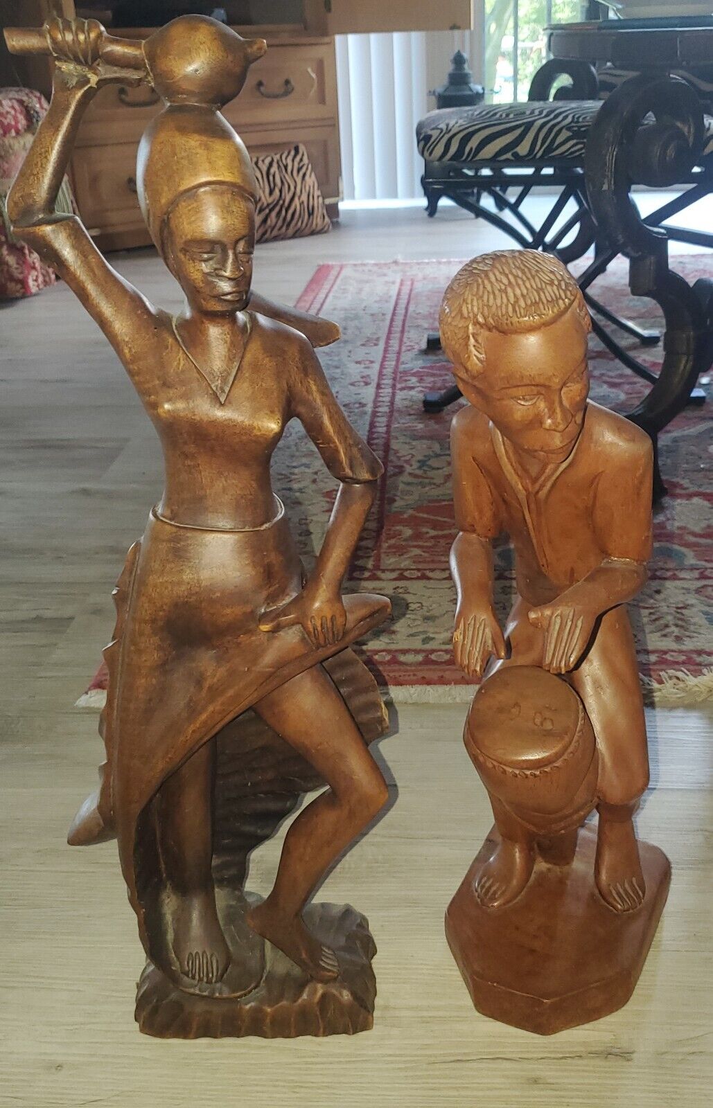 Vintage 1960s Signed Handcarved Wooden Figurines Haiti Women Man Playing Drum