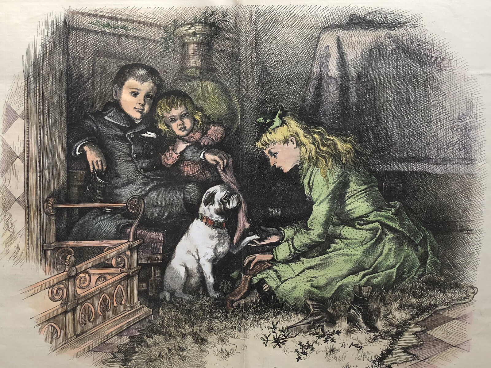 1881 THOMAS NAST HARPER’S WEEKLY CHRISTMAS ENGRAVING CHILDREN PUG DOG (GREEN)