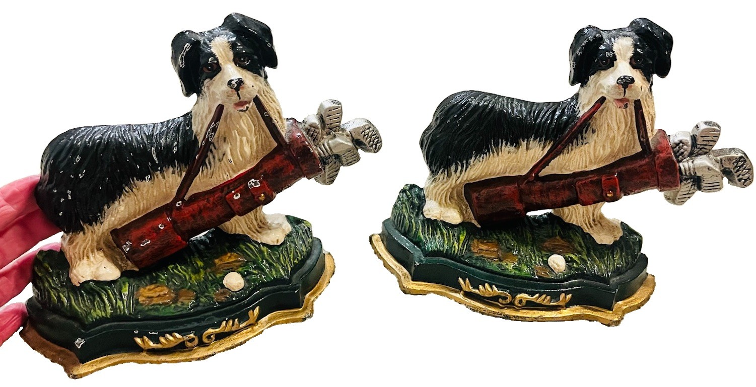 Set Of 2 Cast Door Stop/Book Ends Black And White Dog with Golf Clubs Caddie