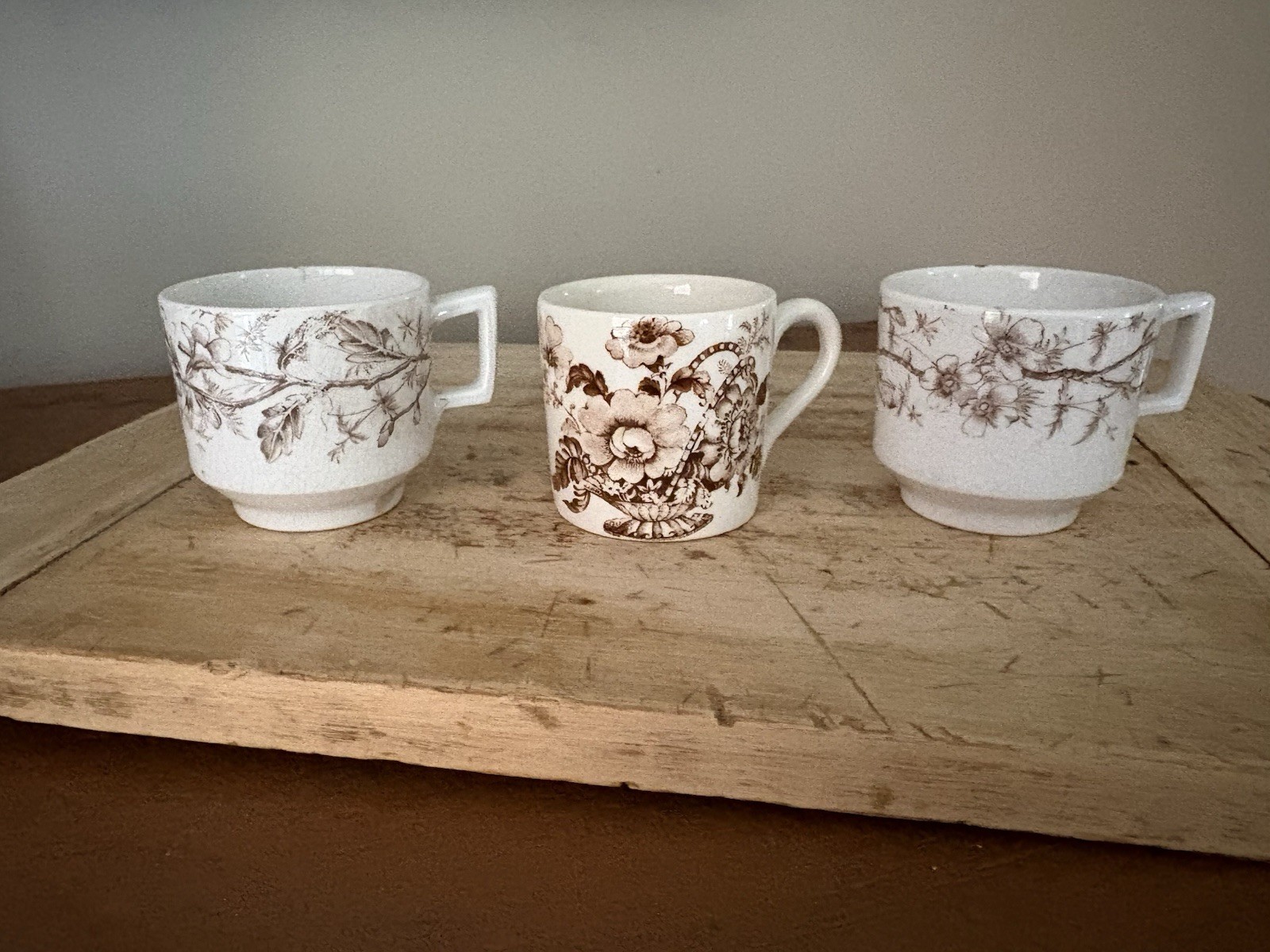 3 ATQ Ironstone Brown Transferware Demitasse Cups - 1 Royal Crownford 2 Unmarked