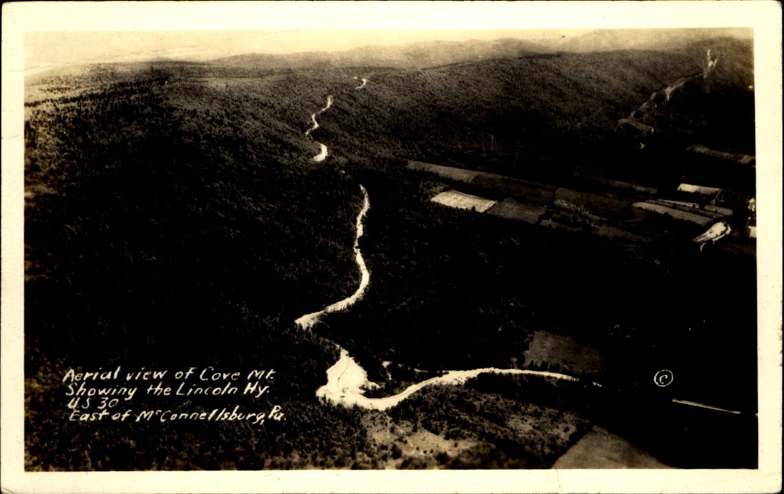 RPPC~Cove Mountain aerial view~Lincoln Highway US 30~East of McConnellsburg PA