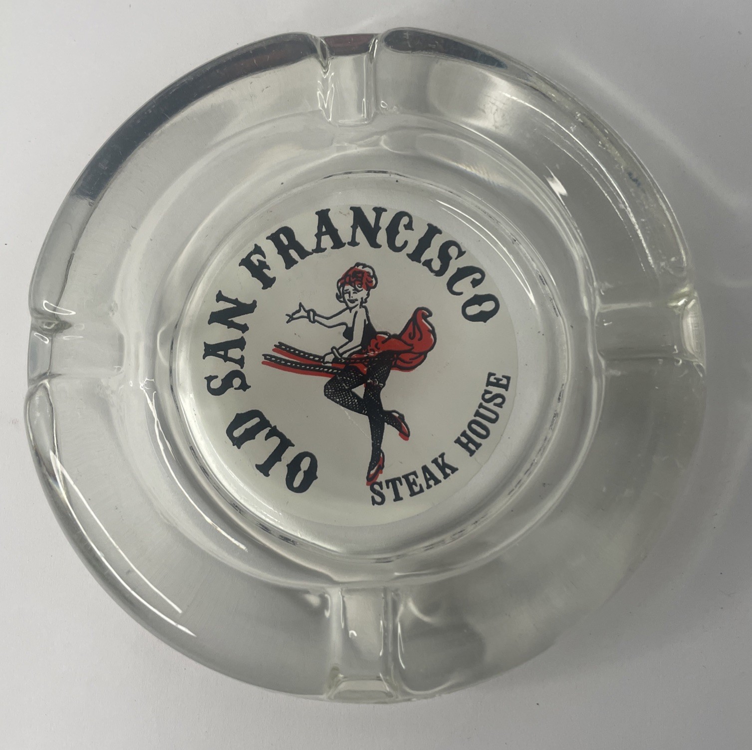 Vintage OLD SAN FRANCISCO Steak House Ashtray Glass Round Great Graphics VGC