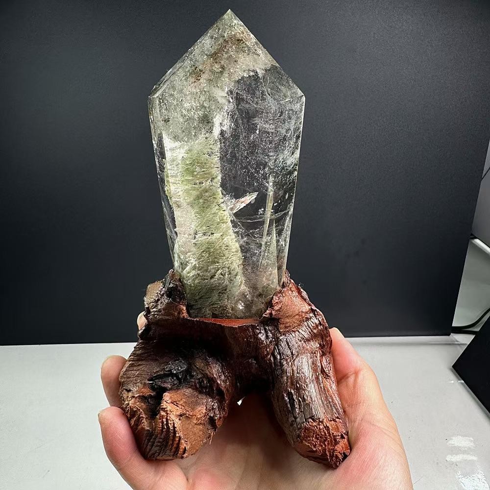 1.52LB Natural Green Ghost Phantom Quartz Obelisk Crystal Reiki Decor+Stand