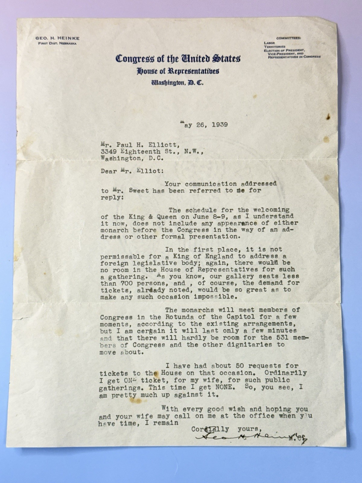 1939 King George VI Queen Elizabeth US Capitol Congress Visit Signed Letter
