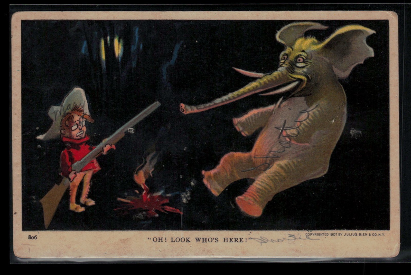 Political Postcard Julius Bein Boy Shooting Elephant Campfire c1907