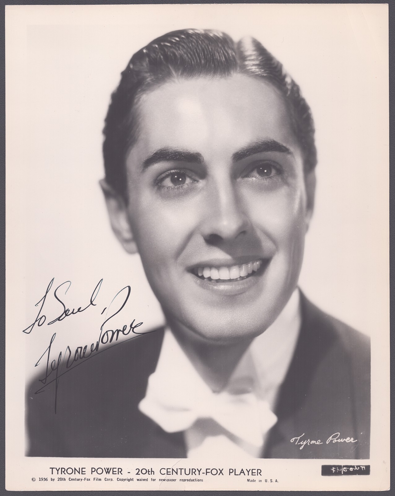 TYRONE POWER - INSCRIBED PHOTOGRAPH SIGNED CIRCA 1937