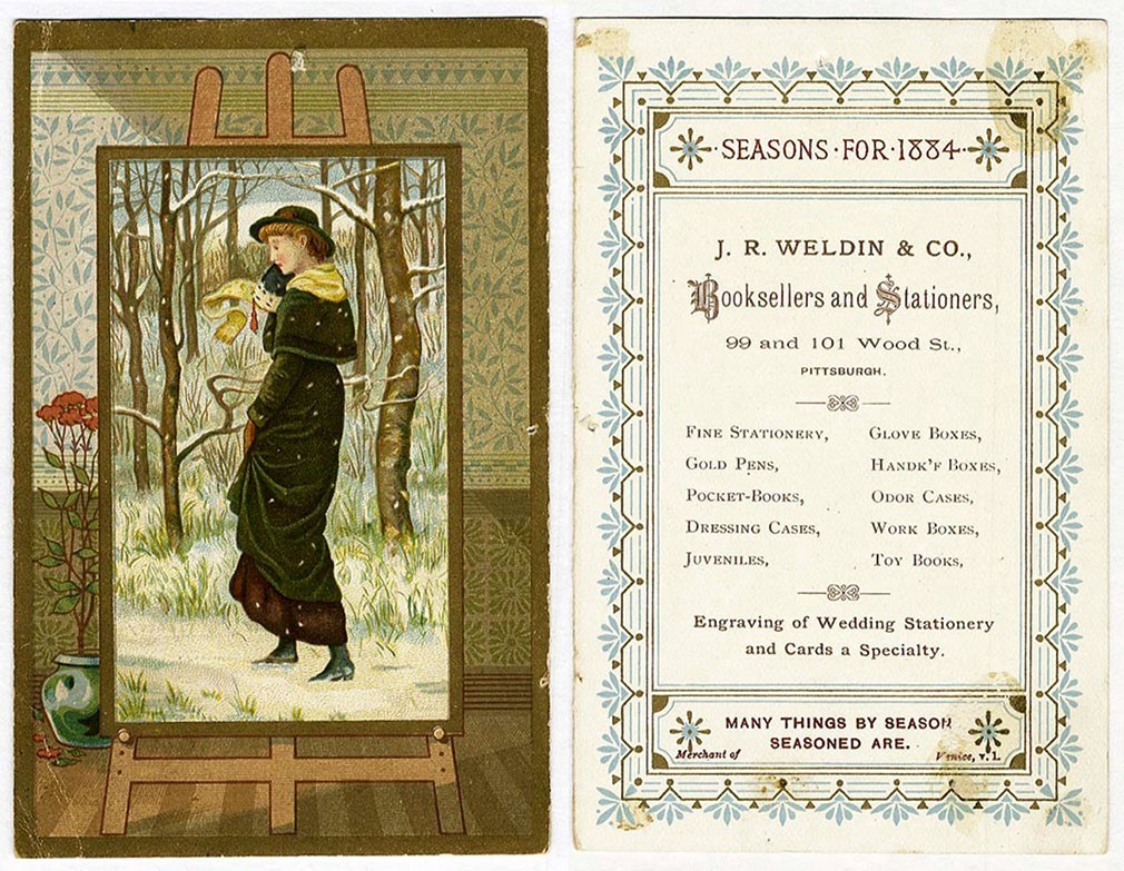 Pittsburgh WELDIN BOOKSELLERS 1884 Victorian Trade Card PRETTY WOMAN in Snow Pittsburgh WELDIN BOOKSELLERS 1884 Victorian Trade Card PRETTY WOMAN in Snow