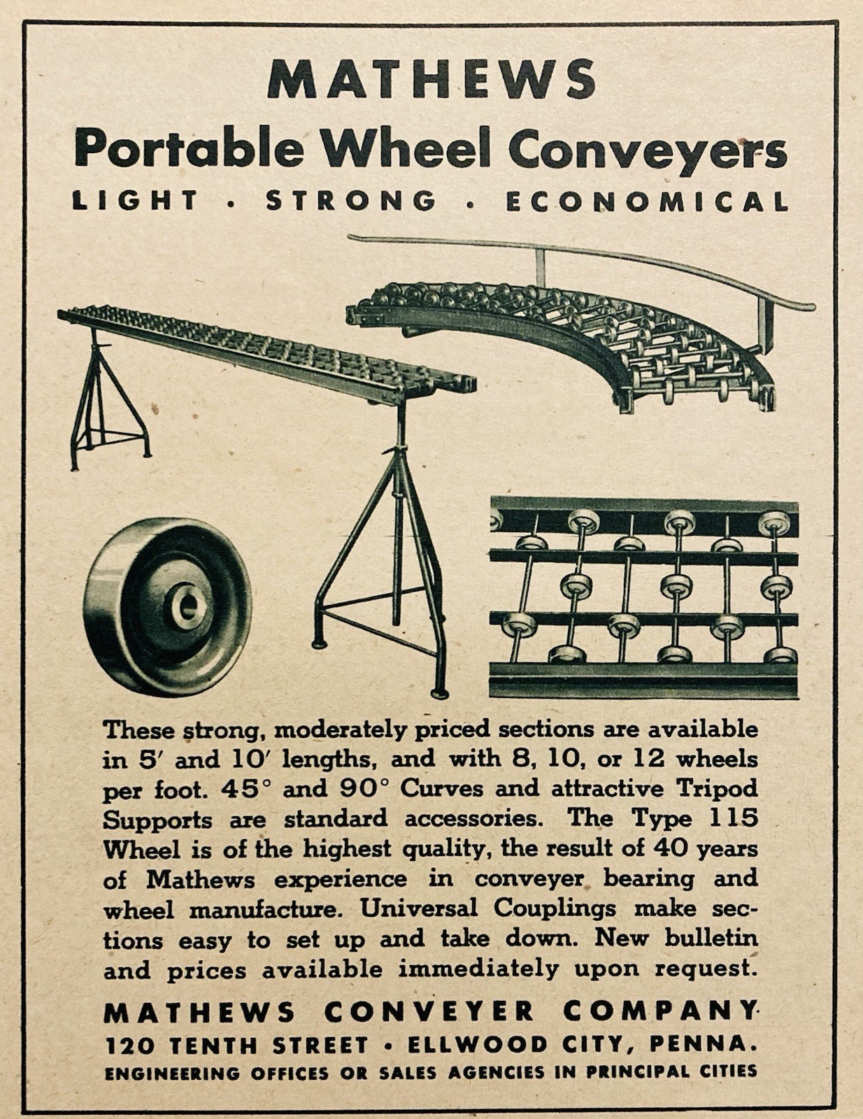 1946 AD.(PC11)~MATHEWS CONVEYOR CO. ELLWOOD CITY, PA. PORTABLE WHEEL CONVEYERS 1946 AD.(PC11)~MATHEWS CONVEYOR CO. ELLWOOD CITY, PA. PORTABLE WHEEL CONVEYERS