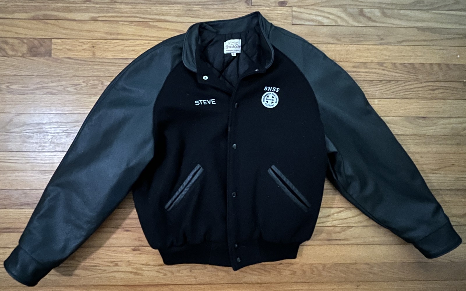 Vintage BNSF Wool & Leather Jacket STEVE Burlington Northern Santa Fe Railway 46 Vintage BNSF Wool & Leather Jacket STEVE Burlington Northern Santa Fe Railway 46
