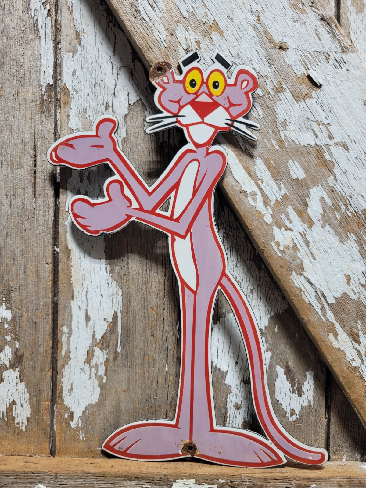 VINTAGE PINK PANTHER PORCELAIN SIGN OLD CARTOON CHARACTER DIECUT 13\
