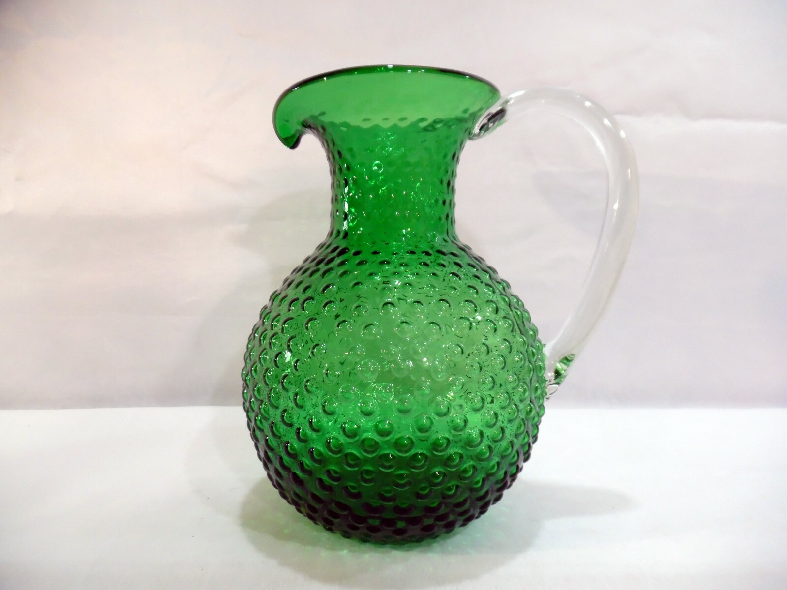 Large Vintage Green Hand Blown Glass Hobnail Pitcher Jug w/ Clear Applied Handle