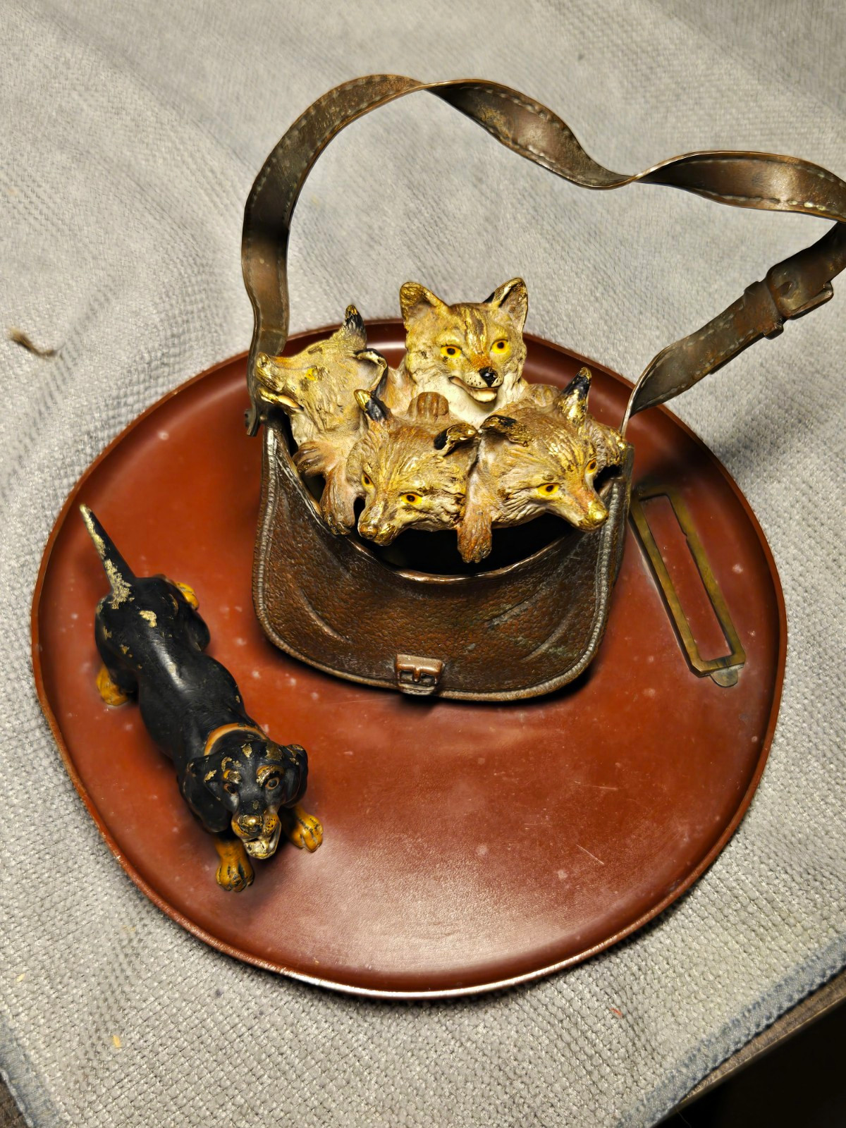 Antique Austrian Cold Painted Bronze Style Fox Dachshund Inkwell Figural Group