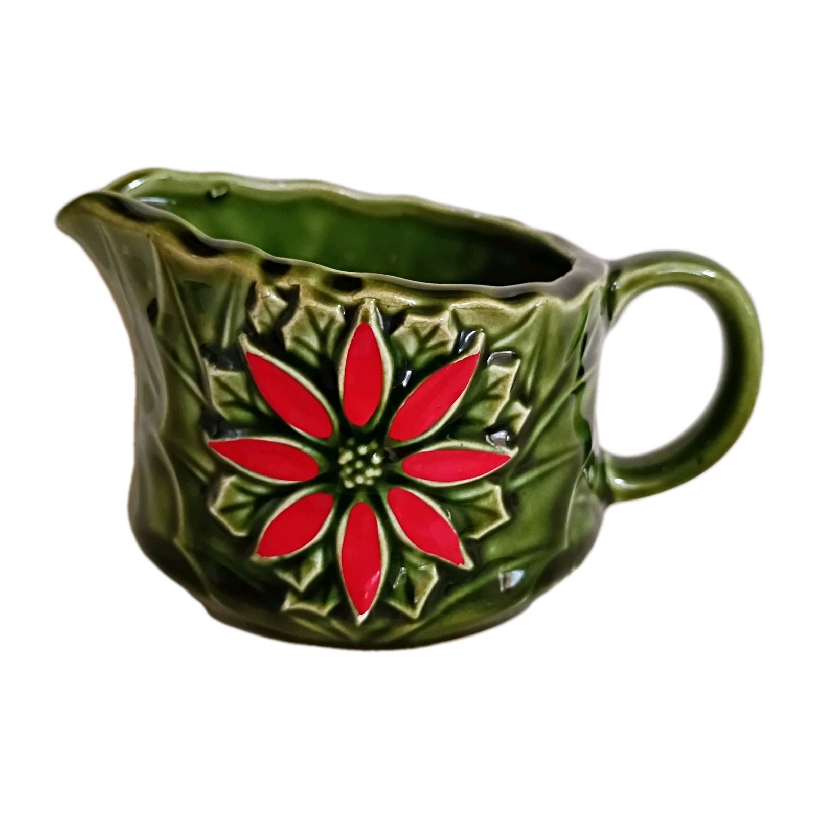Vintage MCM Enesco Japan Ceramic Poinsettia Creamer Christmas Collectible 