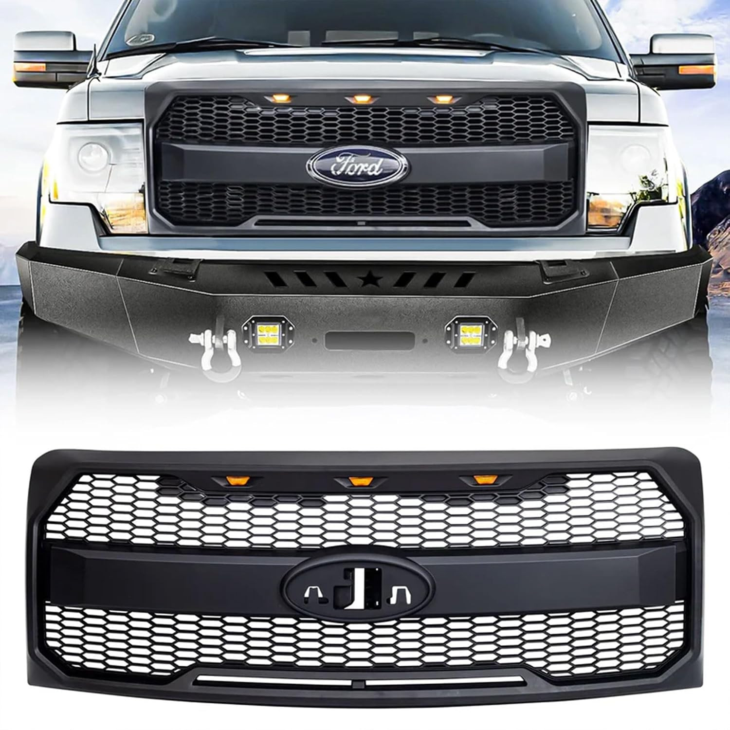American Modified Raptor Style Mesh Grille with Amber LED Marker Lights and Embl