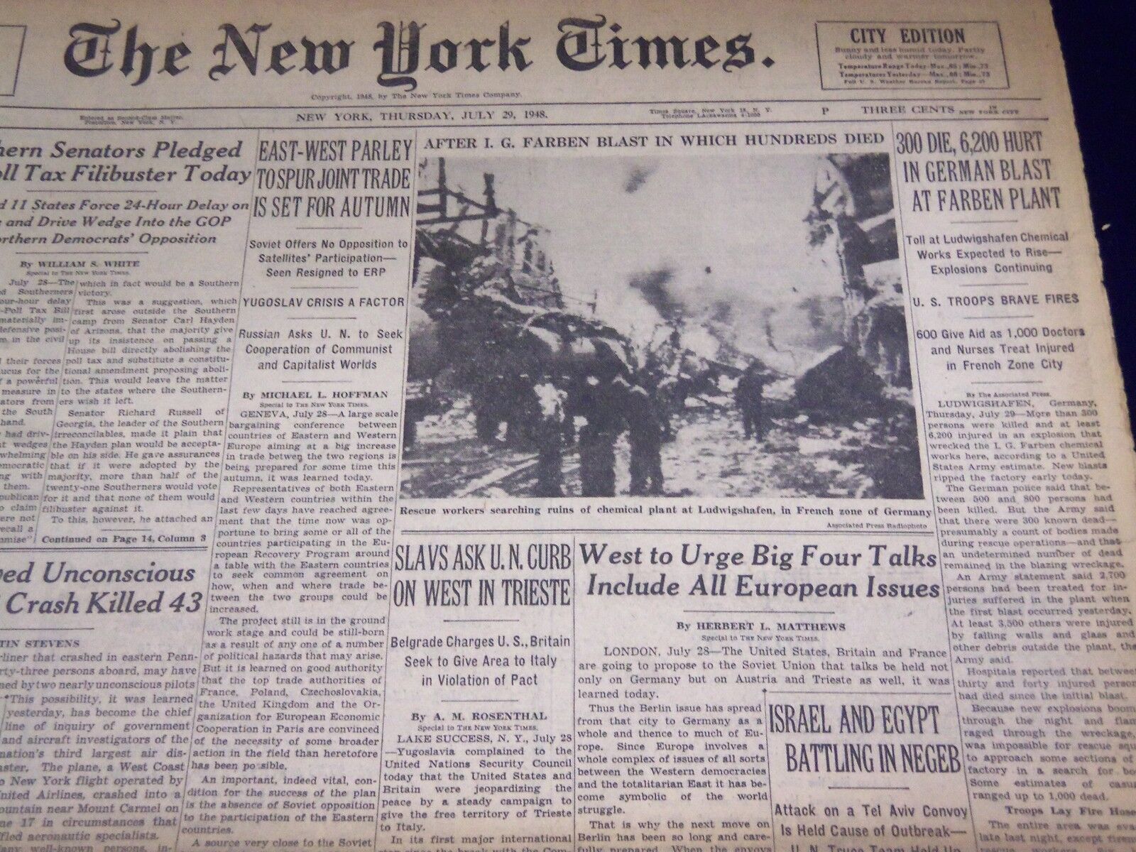 1948 JULY 29 NEW YORK TIMES - 300 DIE IN FARBEN BLAST - NT 3529