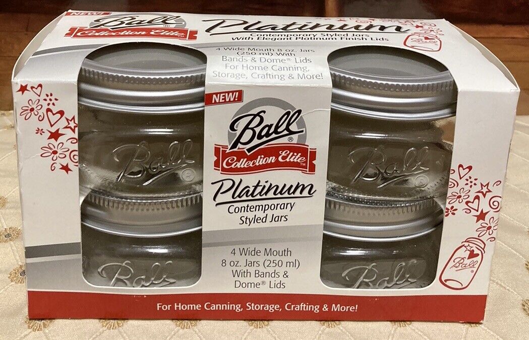 Ball Collection Elite Platinum Mason Jars 8 oz.  1/2 Pint Wide Mouth 4 Pack New
