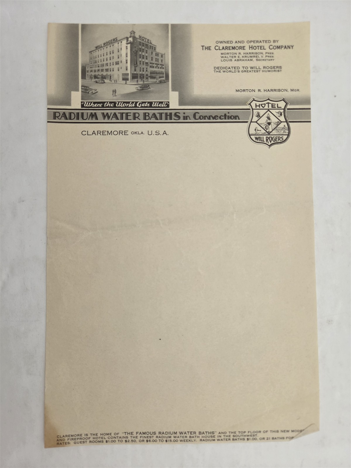 1930s antique HOTEL WILL ROGERS claremore ok RADIUM WATER BATHS LETTERHEAD