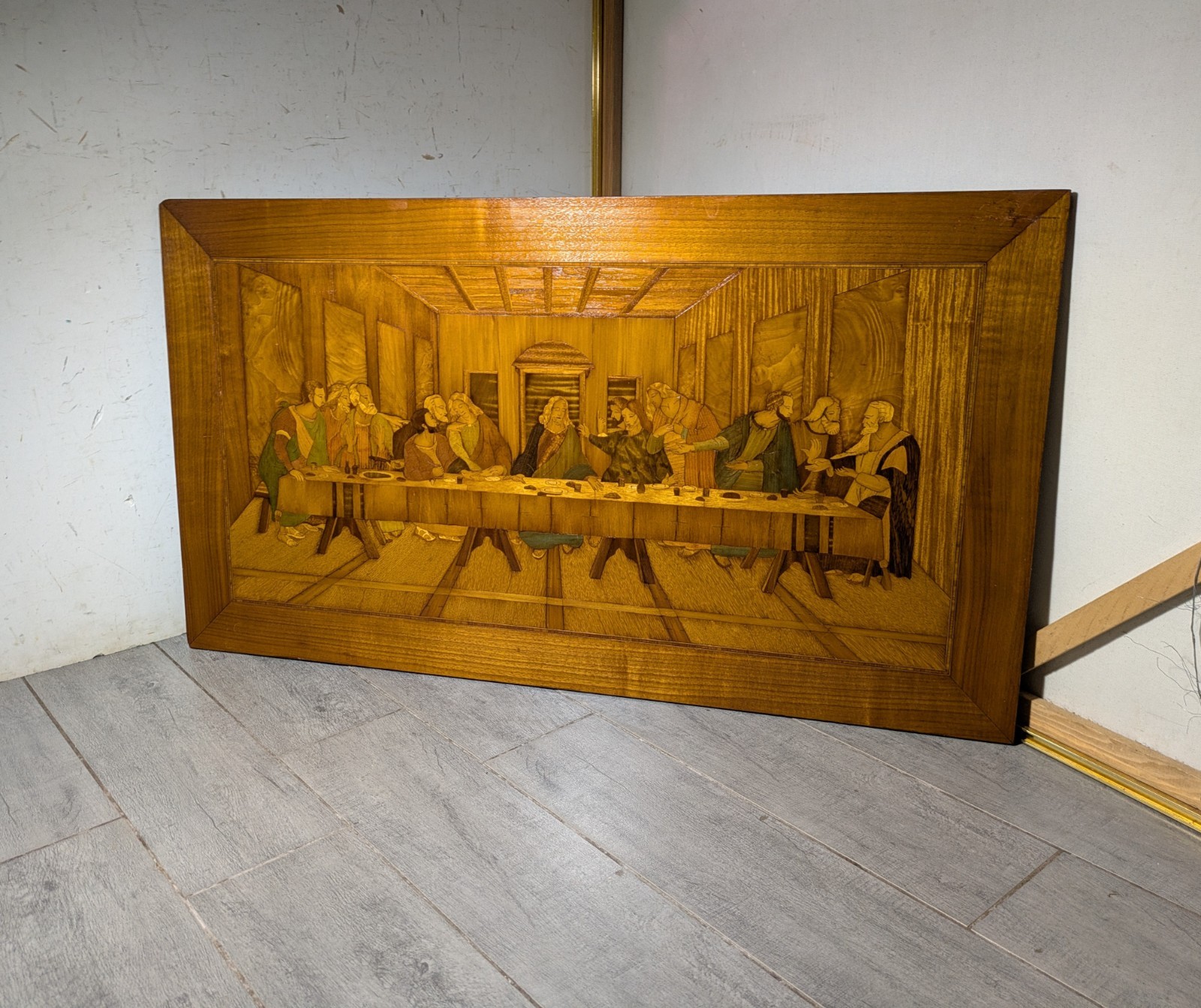 Vintage Large Italian Style Wood Marquetry Inlay The Last Supper Wall Art Panel Vintage Large Italian Style Wood Marquetry Inlay The Last Supper Wall Art Panel