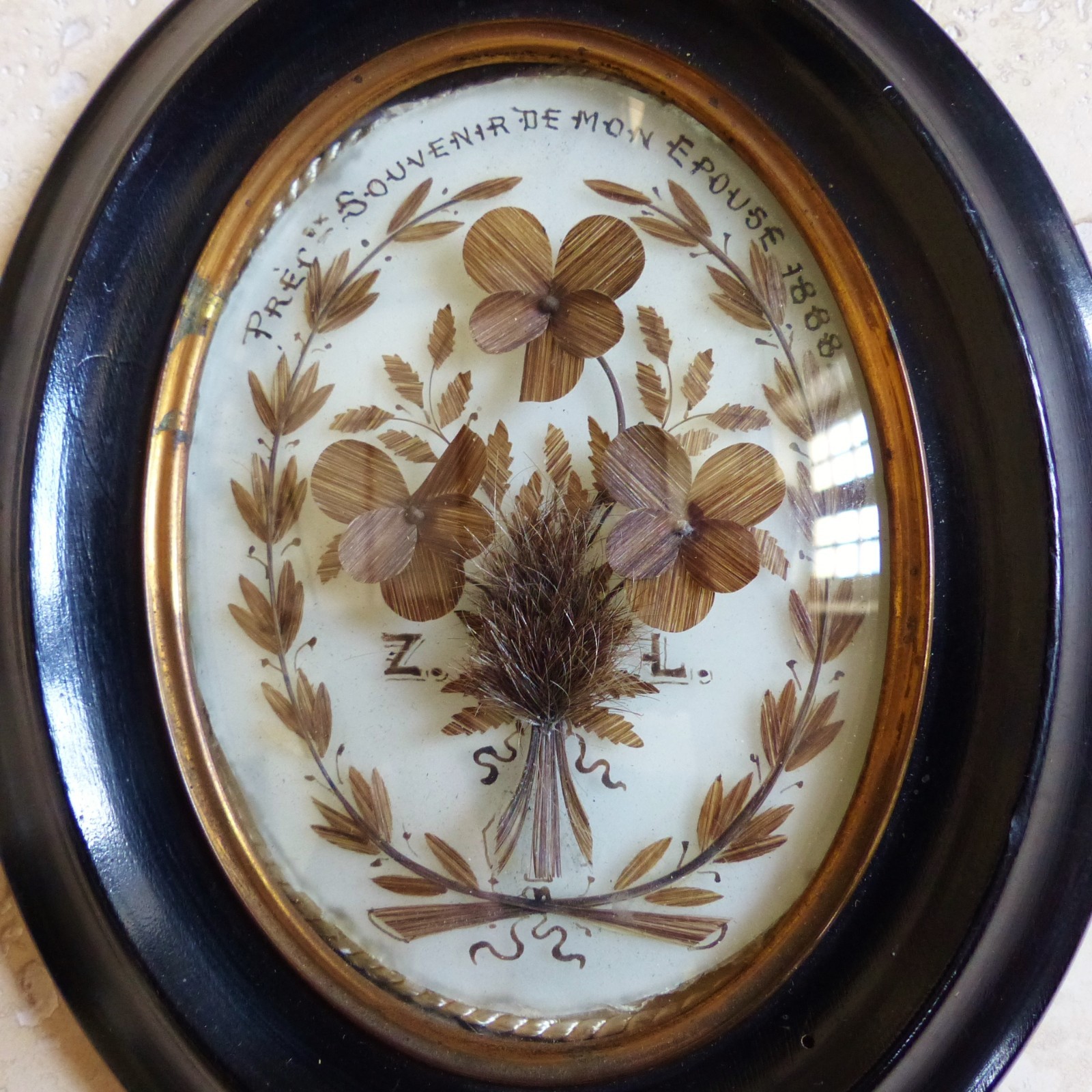 SUPERB ANTIQUE FRENCH 19th CENTURY SENTIMENTAL MOURNING HAIR ART DATED 1888