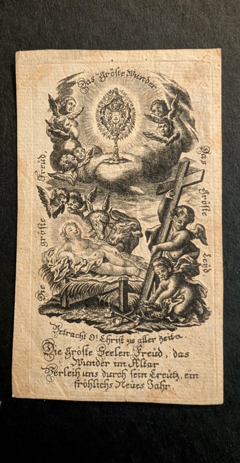 18th C German Copperplate Engraving Holy Card Nativity Monstrance New Year c1740