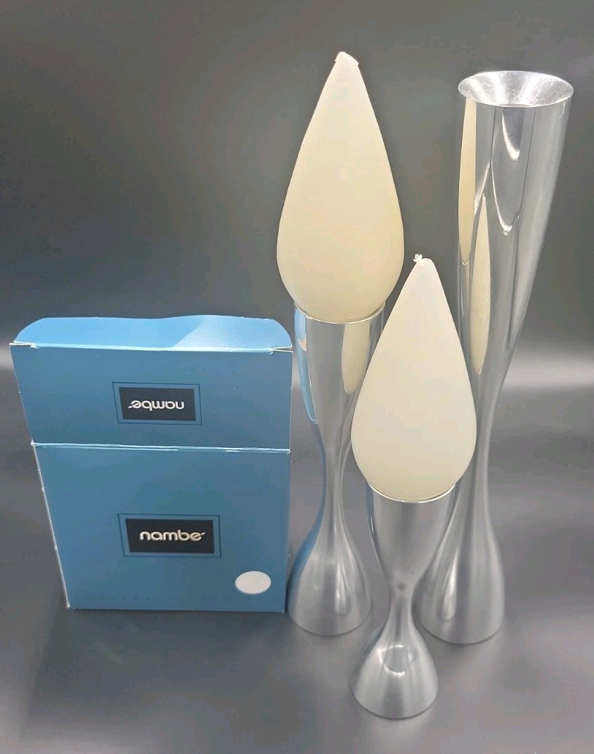 SET OF 3 NAMBE STUDIO CANDLESTICKS 2 Teardrop Candles White 6029,6030,6031 c1994
