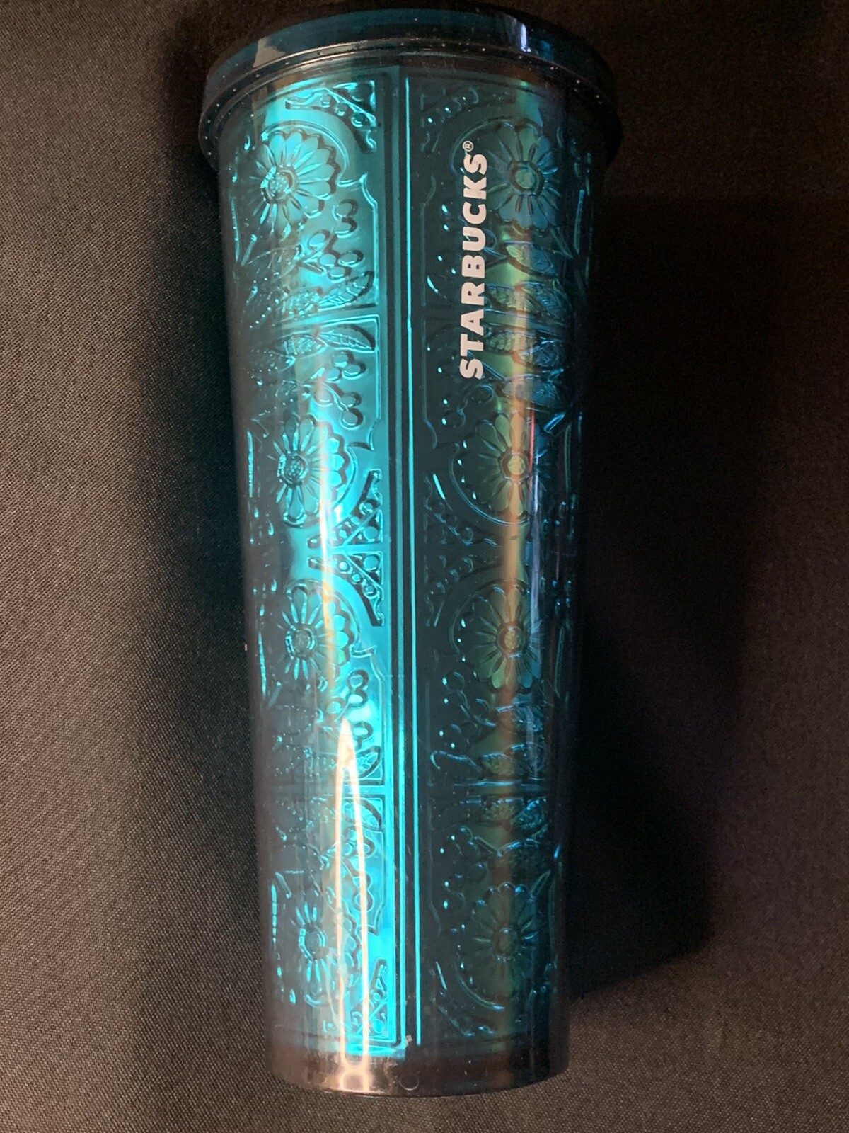 Starbucks 2017 Cold Cup 24 Oz Tumbler Embossed Tin Floral Metallic Foil Teal