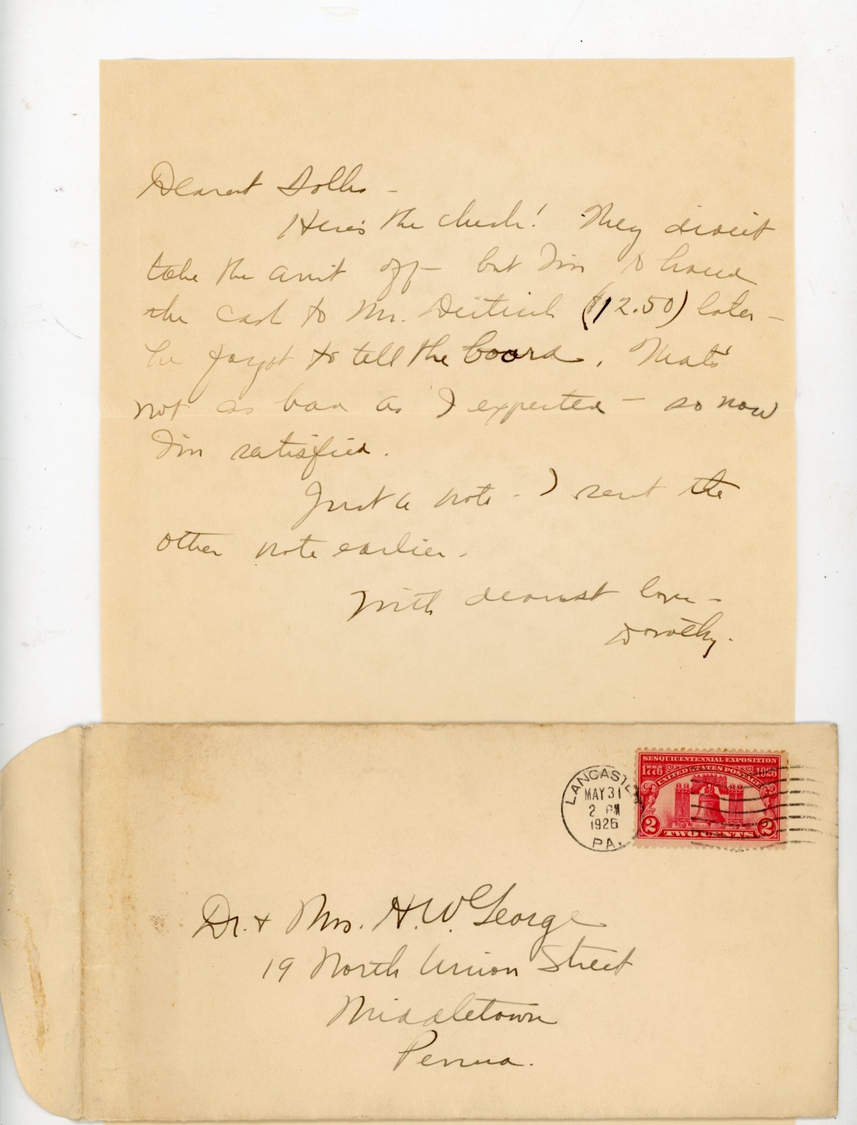 1926 Letter & Cover Lancaster PA to Middletown PA Sesquicentennial Stamp History
