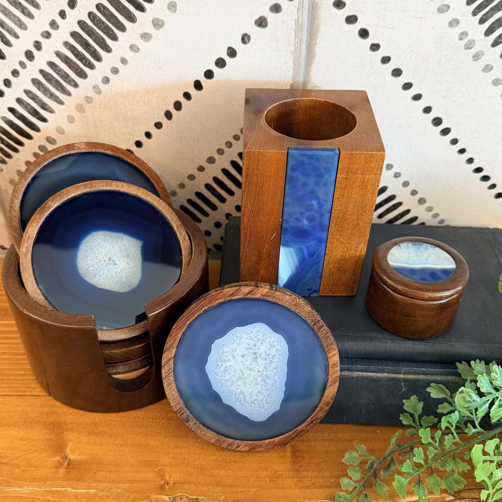 Vtg MCM Blue Agate Wood 6 Coaster Set Pen Holder Mini Trinket Ring Pill Box