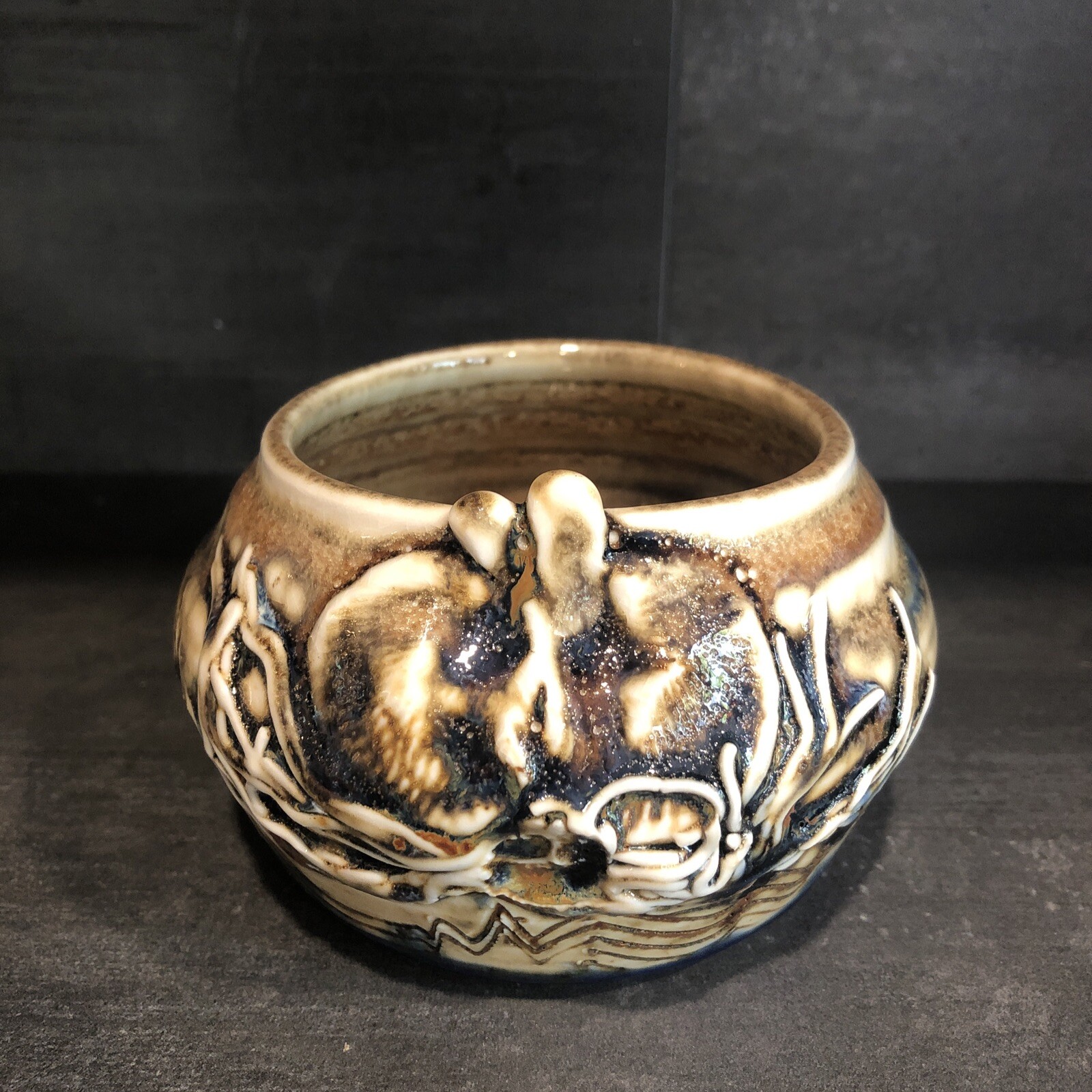 OCMULGEE Pottery EmbossedNesting Birds Bowl Signed 4.25” Diameter 2.75” High
