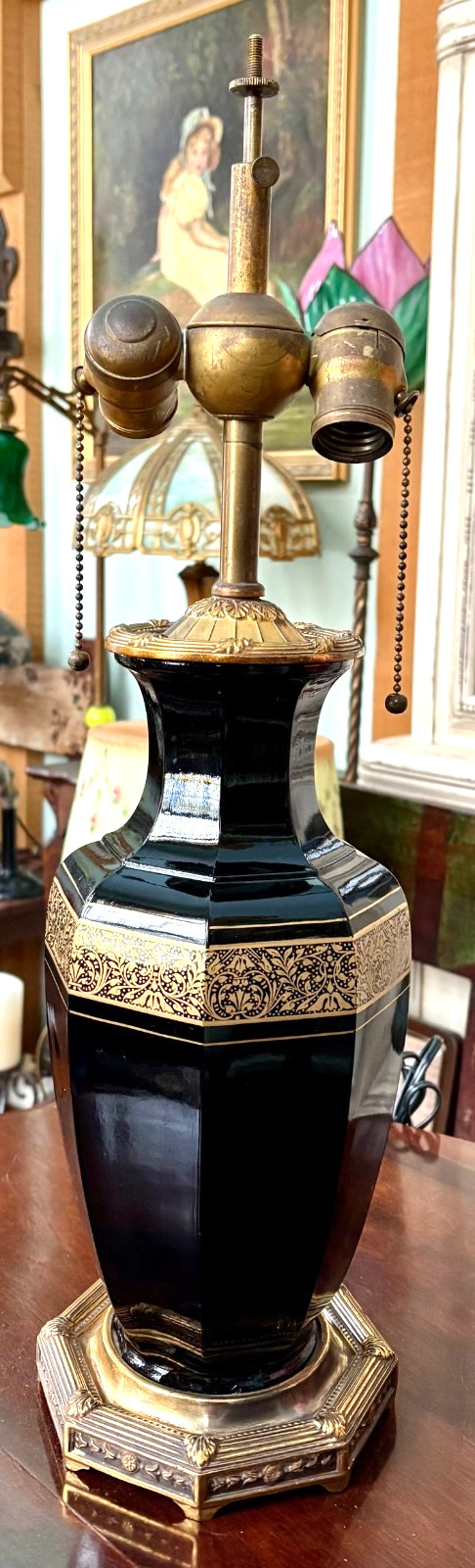 Antique M. S. Co Lamp with Moser Black Hyalith Gilt Enameled Glass Vase Base Antique M. S. Co Lamp with Moser Black Hyalith Gilt Enameled Glass Vase Base