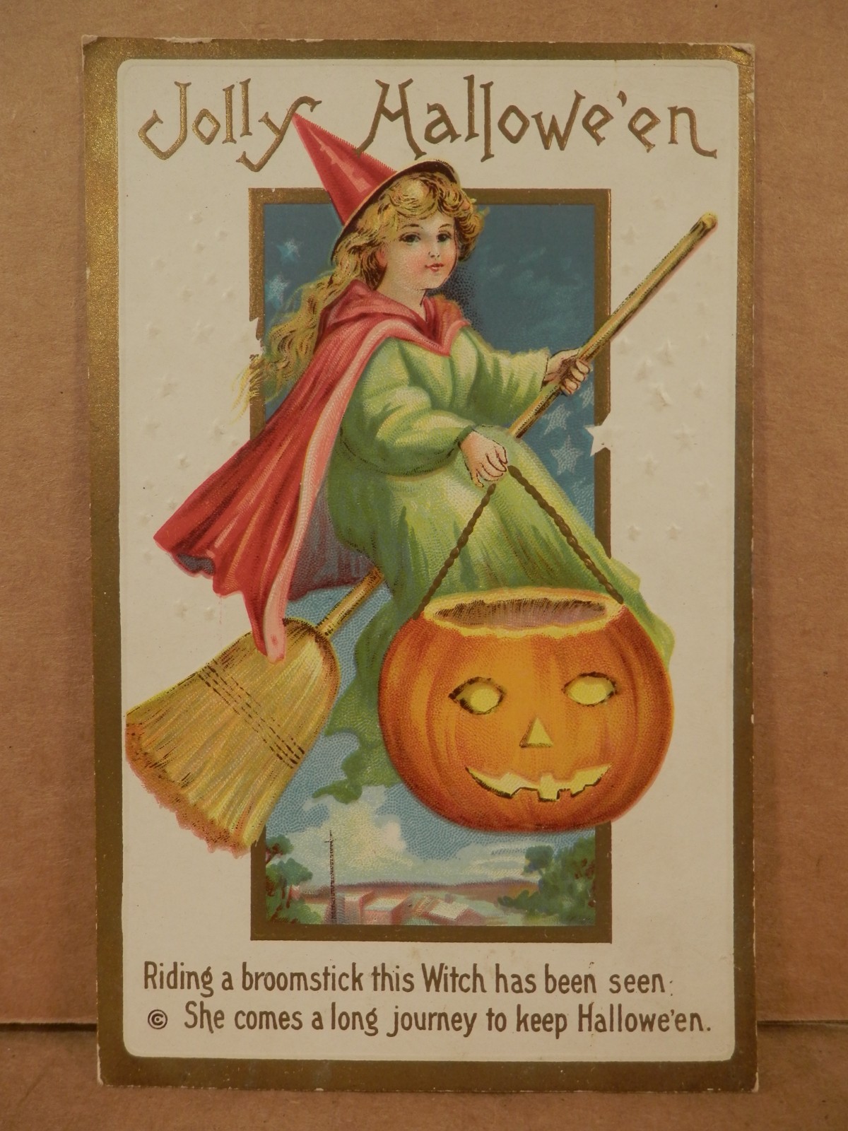 Vintage 1913 Halloween Postcard Girl Witch Broomstick Jack O Lantern Series 226C
