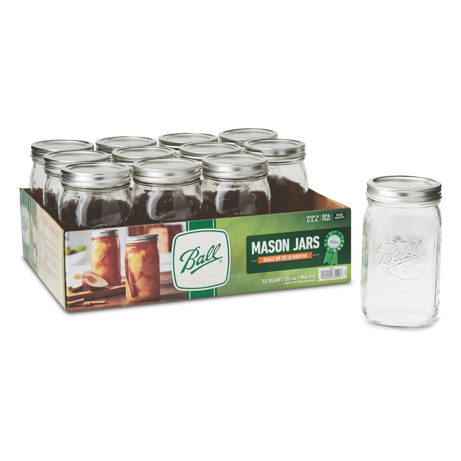 Wide Mouth 32oz Mason Jars with Lids & Bands, 12 Count
